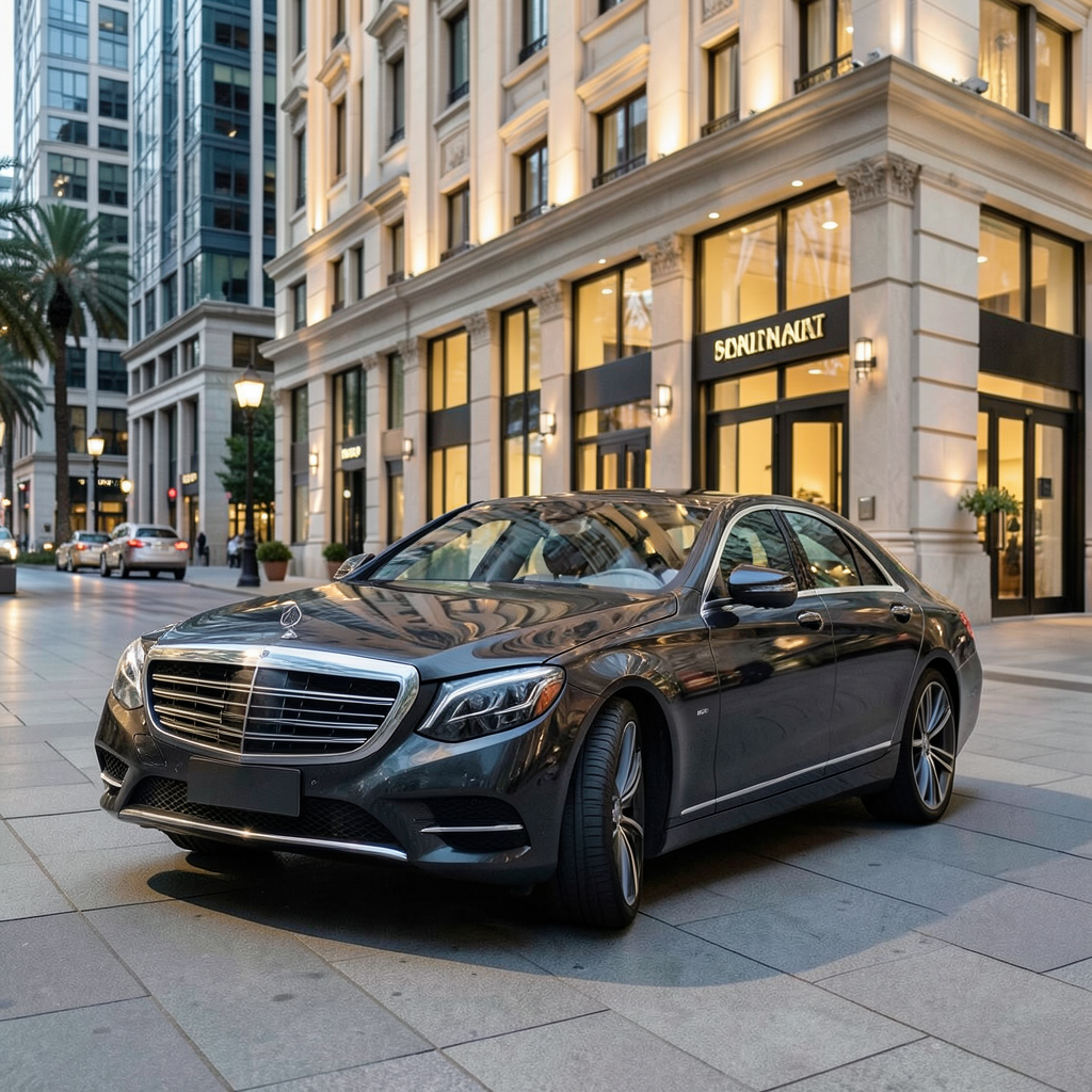 Un Mercedes Clase S elegante estacionado frente a un hotel de cinco estrellas en un entorno urbano moderno. Mercedes Clase S de alta gama en un entorno de lujo exclusivo.