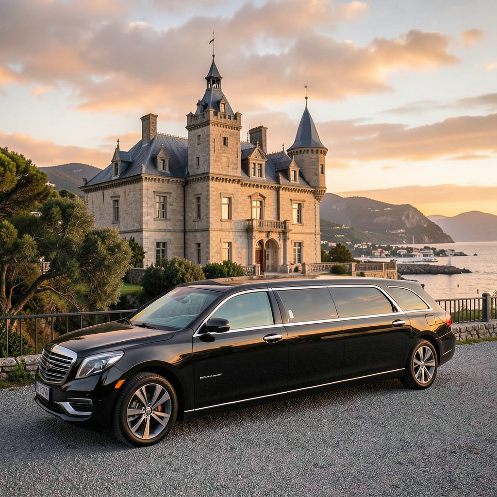 Una elegante limusina de lujo estacionada frente a un palacete histórico en la costa de Gipuzkoa durante una boda al atardecer. Transporte de lujo para bodas en un entorno exclusivo de Gipuzkoa