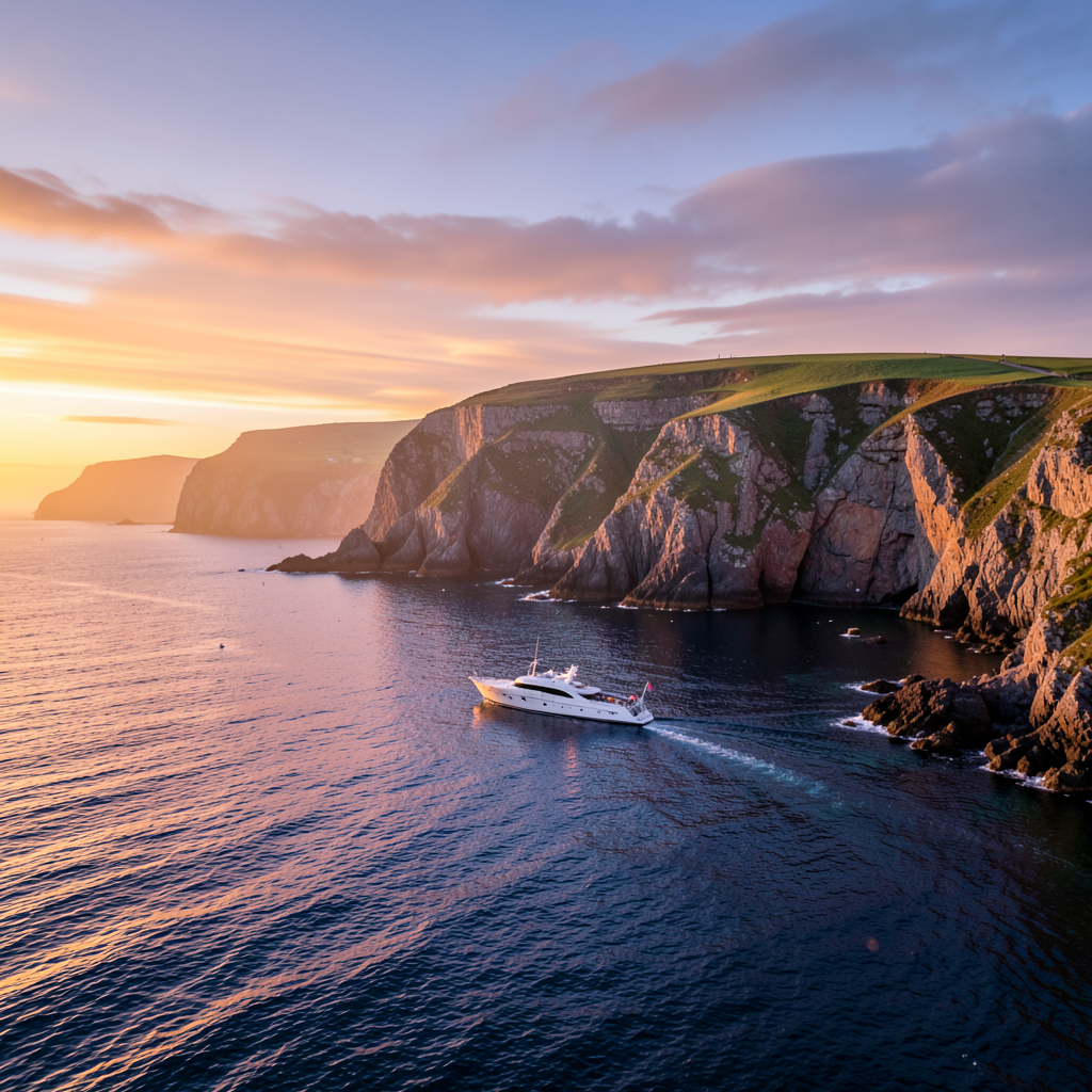 Una vista panorámica de la costa vasca con un yate privado navegando frente a los acantilados del Flysch al atardecer. Ruta exclusiva en yate por la costa vasca al atardecer