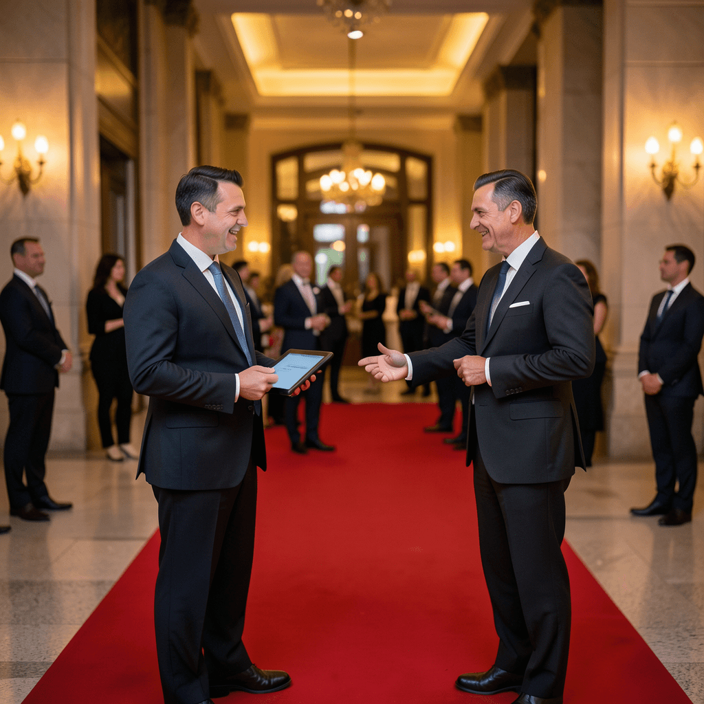 Realistic photograph of a high-end luxury event entrance with a red carpet, a professional concierge with a digital tablet welcoming guests, soft golden evening lighting, elegant architecture in the background, shallow depth of field, professional architectural photography. Entrada de evento exclusivo ilustrando cómo garantizar puntualidad en eventos de lujo