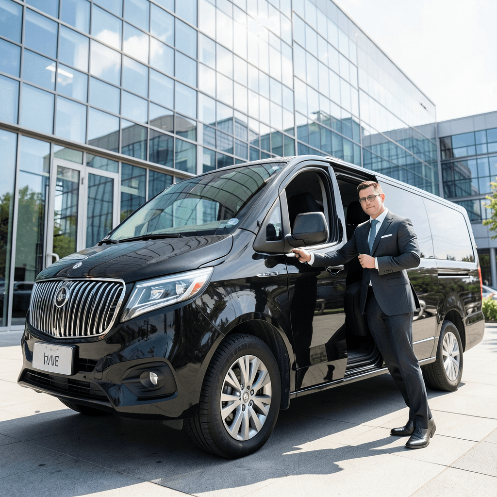 Realistic photograph of a luxury black executive van parked in front of a modern glass corporate building, a professional chauffeur in a suit holding a door open, bright daylight, architectural reflections on the car, high-end business atmosphere, shot from a low angle. Transporte ejecutivo de lujo para aprender cómo gestionar la movilidad en eventos corporativos