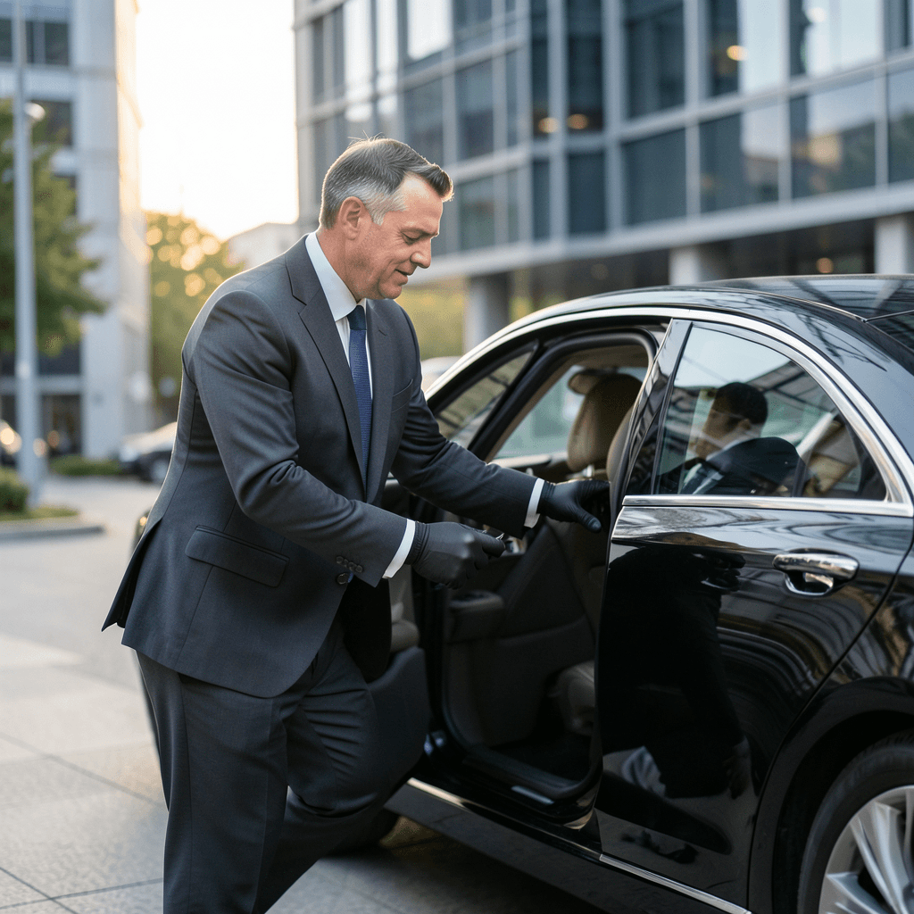 Realistic photograph of a professional chauffeur in a dark suit and gloves opening the door of a polished black luxury sedan for a businessman, modern corporate building in the background, soft morning light, shallow depth of field, high-end cinematic quality Chofer profesional ofreciendo transporte VIP para directivos: claves para un servicio impecable