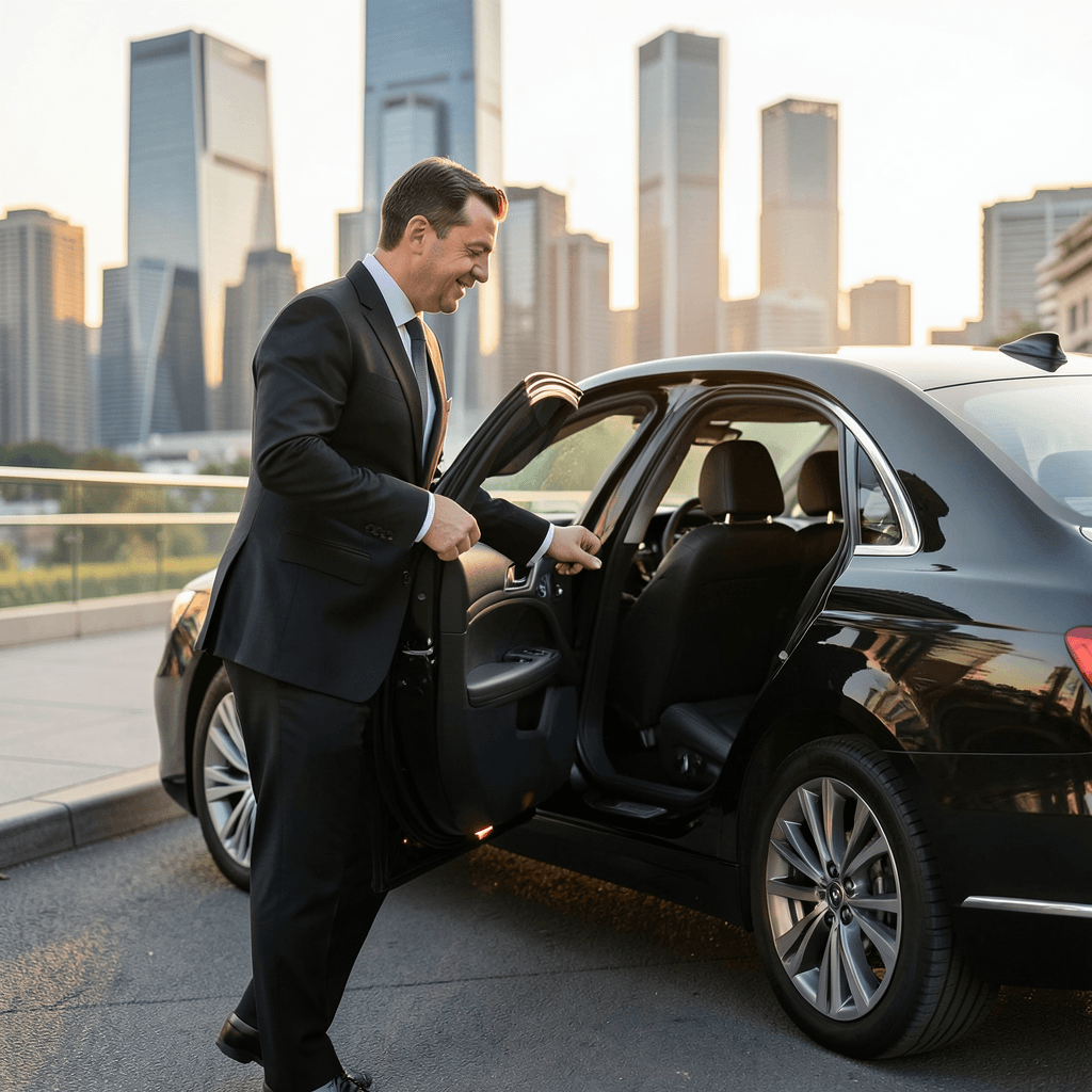 Realistic photograph of a professional chauffeur in a black suit opening the door of a sleek, black luxury sedan for a guest, modern city skyline in the background, soft golden hour lighting, cinematic composition, professional high-end automotive photography. Chófer profesional brindando un servicio de lujo para aprender cómo mejorar la experiencia de los invitados con transporte VIP