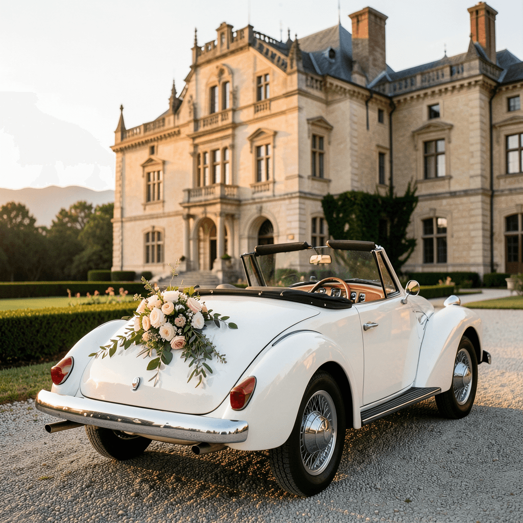 Realistic photograph of a vintage white convertible wedding car parked in front of a classic French chateau in Provence, soft golden hour lighting, elegant floral arrangements on the back, professional architectural photography, high resolution Coche clásico de lujo para el transporte para bodas en Francia: guía completa