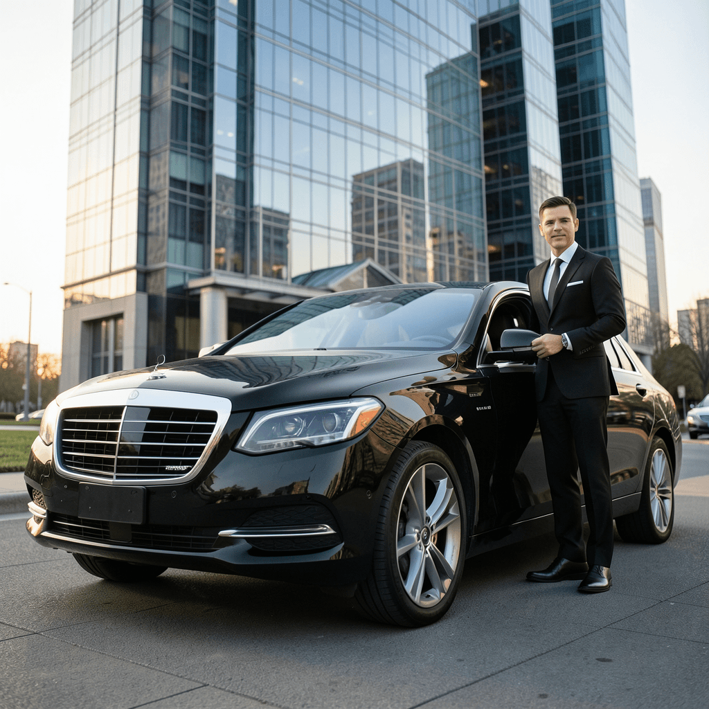 Realistic photograph of a sleek, black luxury executive sedan parked in front of a modern glass skyscraper corporate headquarters, soft morning sunlight reflecting off the polished car body, professional chauffeur in a sharp black suit standing beside the open door, cinematic low-angle shot, high-end corporate atmosphere. Vehículo de lujo con chofer profesional para transporte VIP para eventos corporativos internacionales