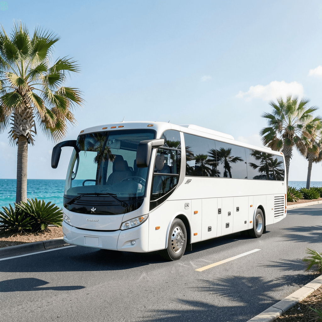 Lujoso autobús de transporte para bodas en la playa en un entorno costero soleado