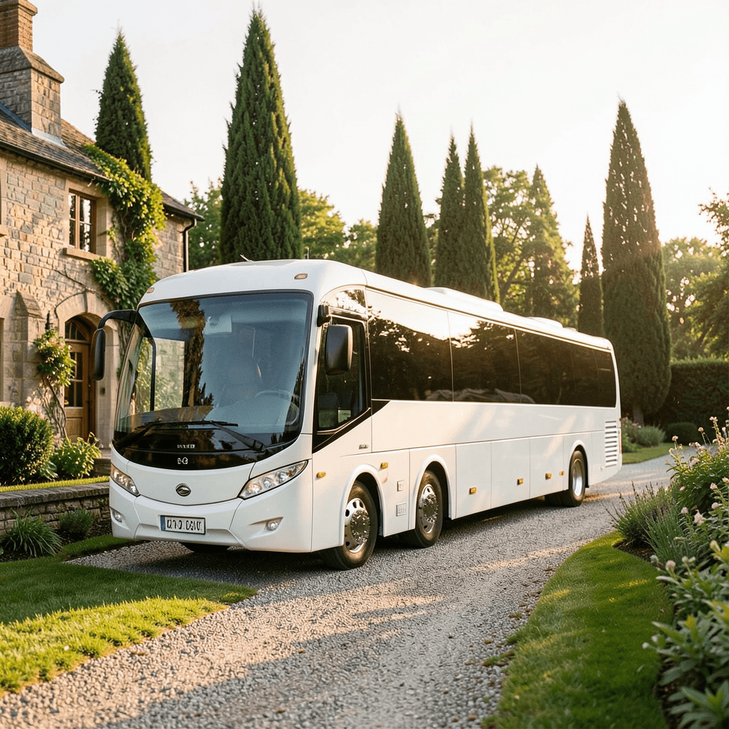 Autobús de lujo para invitados en una finca, ejemplo de cómo coordinar traslados en bodas rurales o fincas