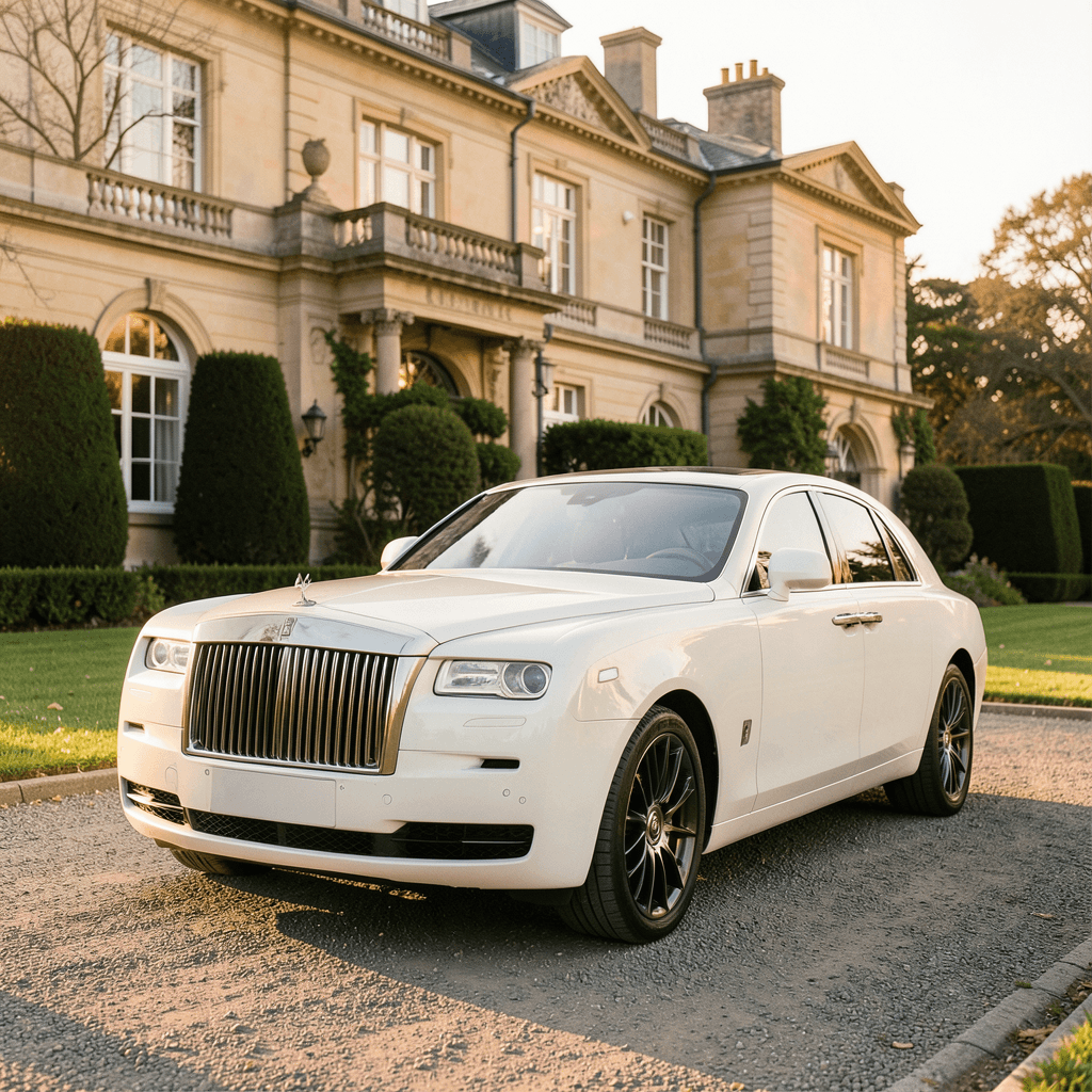 Realistic photograph of a white Rolls-Royce Phantom parked in front of a luxury estate during a wedding, soft golden hour lighting, professional composition, medium shot, cinematic quality, no text Lujoso Rolls-Royce blanco, uno de los vehículos premium más demandados para bodas de lujo