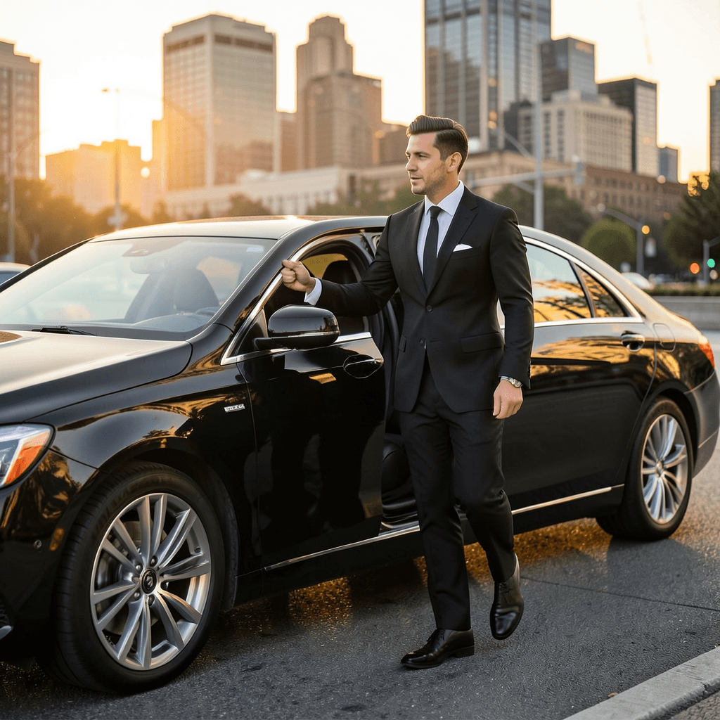 Realistic photograph of a professional chauffeur in a black suit holding a door open for a guest next to a polished black luxury sedan, sunset lighting, urban city background, professional quality, cinematic composition Servicio de transporte para invitados VIP: qué esperan realmente en un traslado de lujo