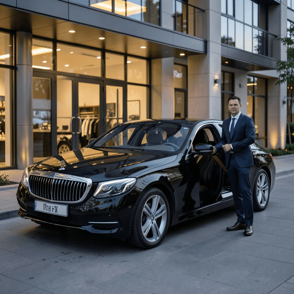 Realistic photograph of a sleek black luxury sedan parked in front of a modern hotel entrance with a professional chauffeur in a suit holding the door open, soft evening lighting, cinematic composition, high-end atmosphere, professional quality Vehículo de lujo para gestionar cómo organizar la movilidad en eventos con celebrities