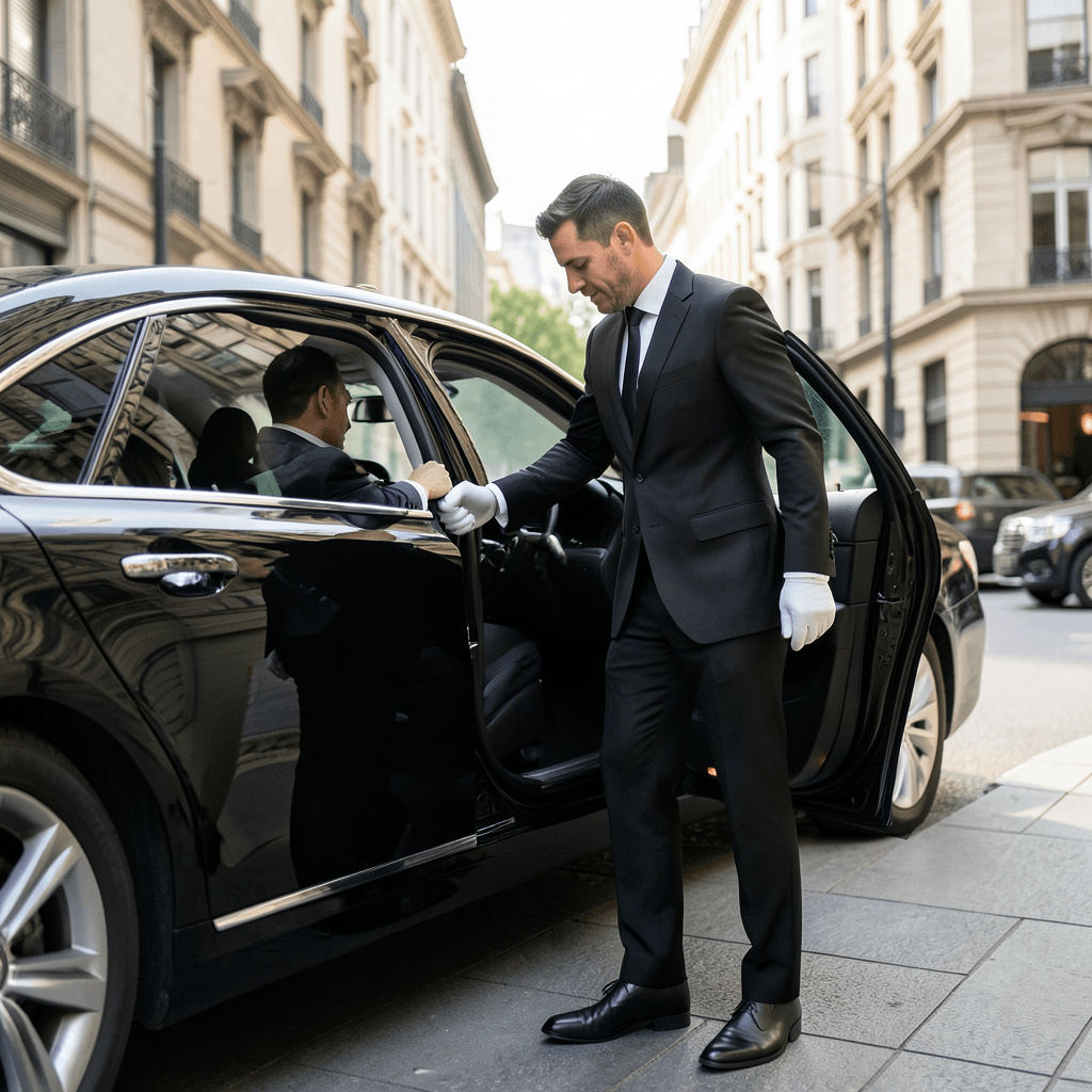 Realistic photograph of a professional chauffeur in a black suit and white gloves opening the door of a polished black luxury sedan for a passenger, elegant urban background, soft natural daylight, low angle shot, high-end cinematic quality Chófer profesional demostrando la importancia del protocolo en el transporte de lujo