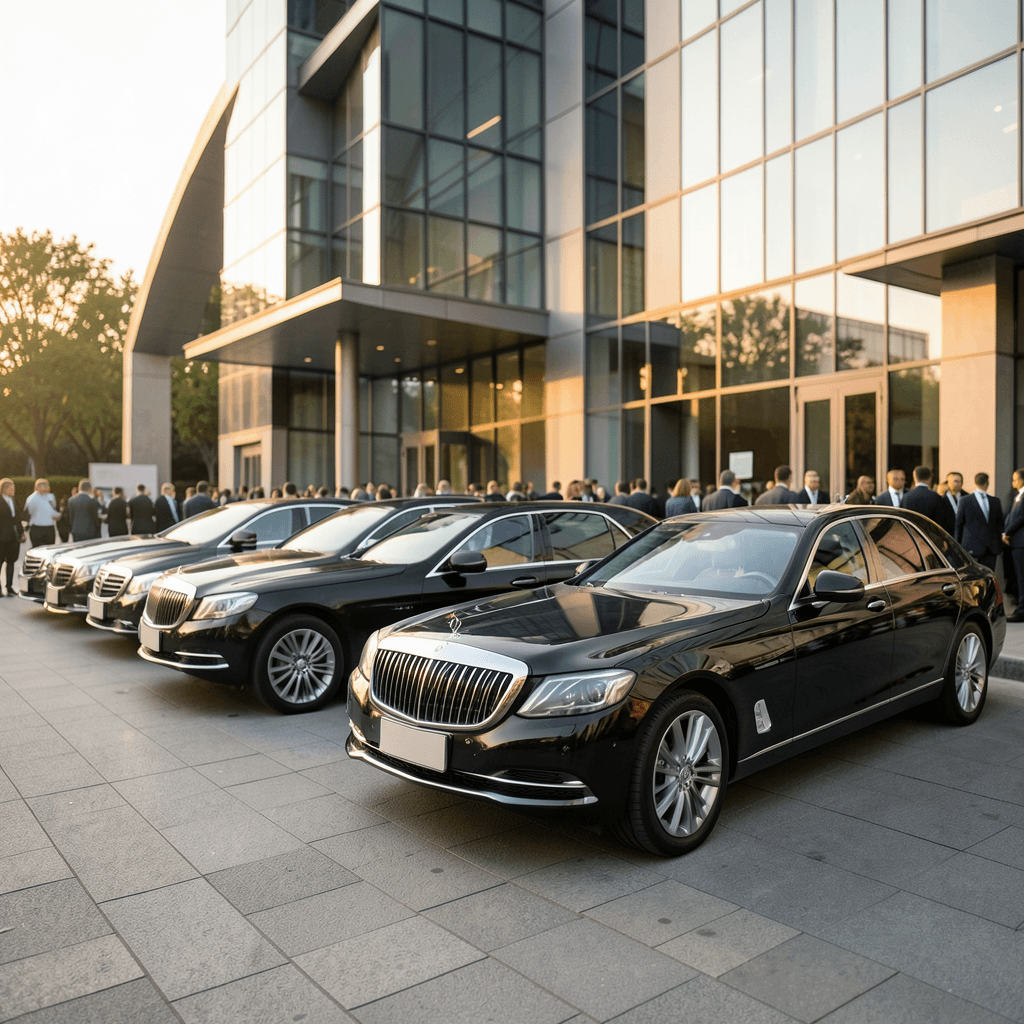 Realistic photograph of a line of luxury black chauffeur-driven cars parked in front of a modern architectural building during a corporate event, soft golden hour lighting, professional depth of field, cinematic composition Vehículos de lujo para gestionar la movilidad en eventos de marca