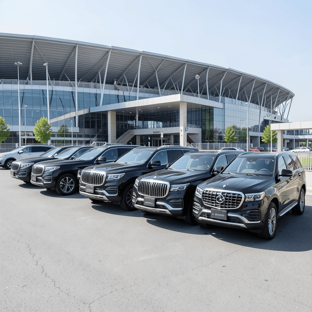 Realistic photograph of a line of luxury black SUVs and executive sedans parked in front of a modern sports stadium entrance, bright daylight, professional architectural photography, clean asphalt, sharp focus on the polished vehicle bodies, corporate and prestigious atmosphere Flota de vehículos de lujo para la movilidad para eventos deportivos de alto nivel