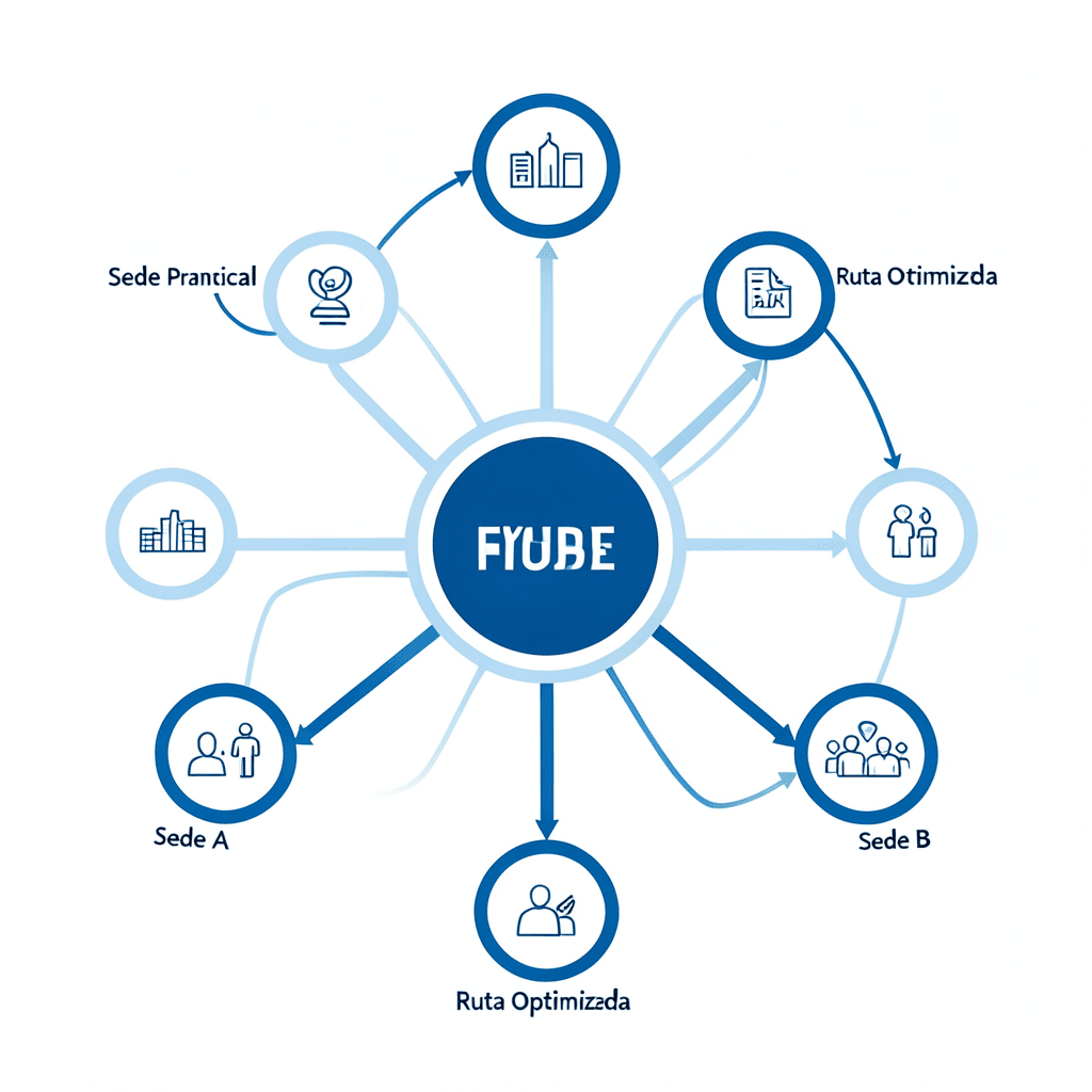 Clean modern diagram showing a central event hub connected to multiple location nodes via optimized paths, minimal flat design, professional blue and white color scheme, labels: ‘Sede Principal’, ‘Sede A’, ‘Sede B’, ‘Ruta Optimizada’. Diagrama profesional sobre cómo optimizar rutas en eventos con múltiples sedes