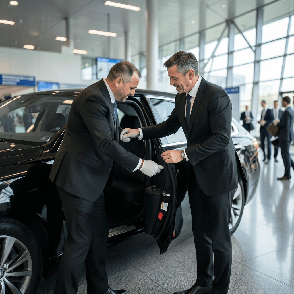 Realistic photograph of a professional chauffeur in a black suit and white gloves opening the door of a luxury black sedan for a business traveler in a modern airport terminal, soft cinematic lighting, shallow depth of field, professional photography Conductor profesional ilustrando la importancia del conductor bilingüe en eventos internacionales
