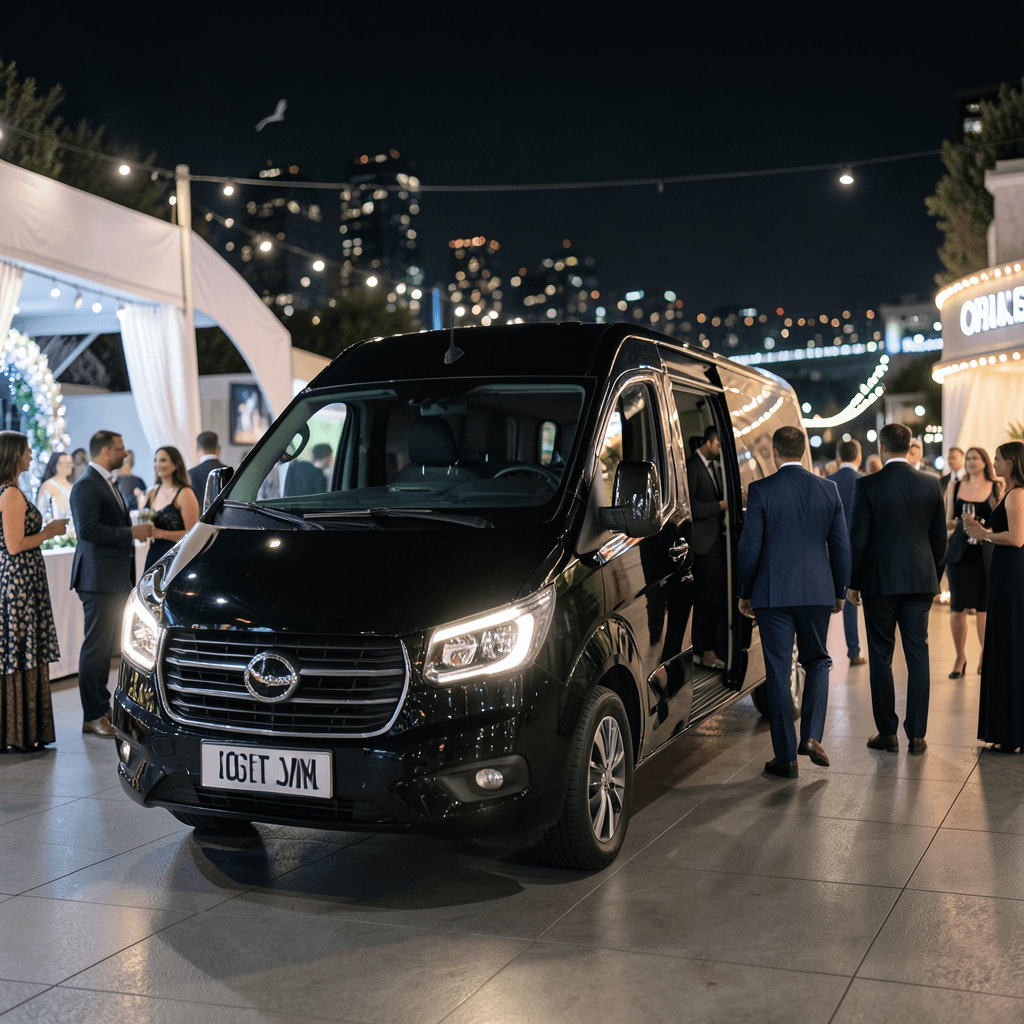 Realistic photograph of a luxury black shuttle van arriving at a brightly lit event venue at night, elegant guests stepping out, soft bokeh city lights in the background, professional cinematic lighting, high resolution Transporte de lujo para aprender cómo gestionar la movilidad en eventos nocturnos