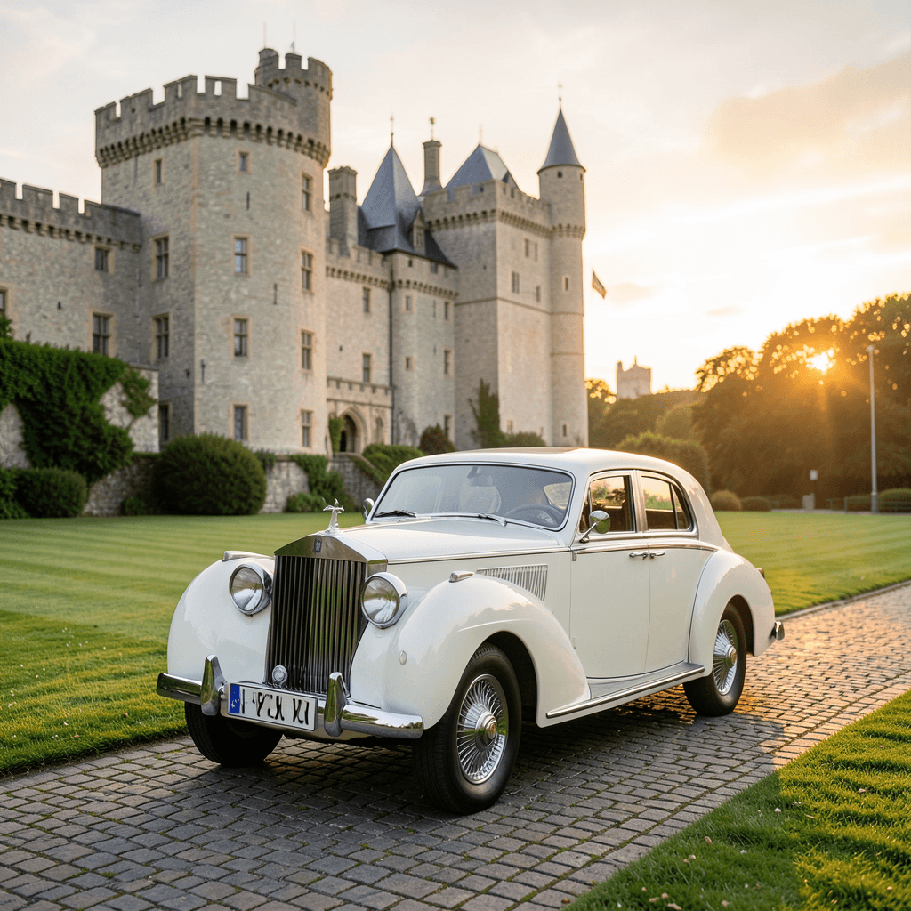 Realistic photograph of a vintage white Rolls-Royce parked in front of a majestic medieval stone castle during sunset, soft golden lighting, wide angle shot, lush green lawns and cobblestone path, professional wedding photography style Coche clásico de lujo como transporte para bodas en castillos y espacios históricos