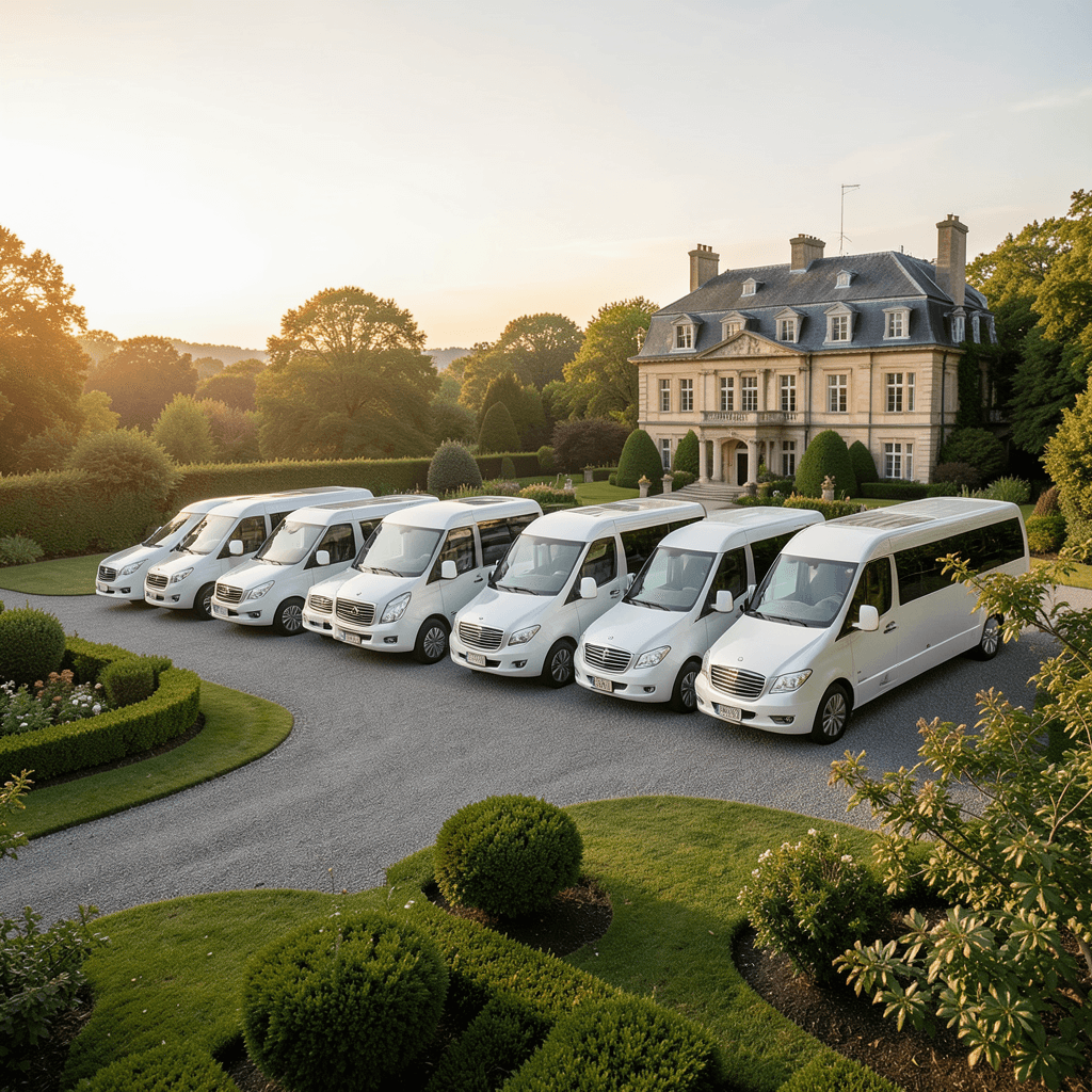 A professional photograph of a line of luxury white coaches parked in a scenic driveway of a luxury estate during sunset. The lighting is warm and golden, with soft shadows. The composition is a wide shot showing the scale of the fleet, with lush green gardens and a grand manor in the background. The mood is elegant, organized, and high-end. Flota de autobuses de lujo para saber cómo coordinar traslados en bodas con más de 300 invitados