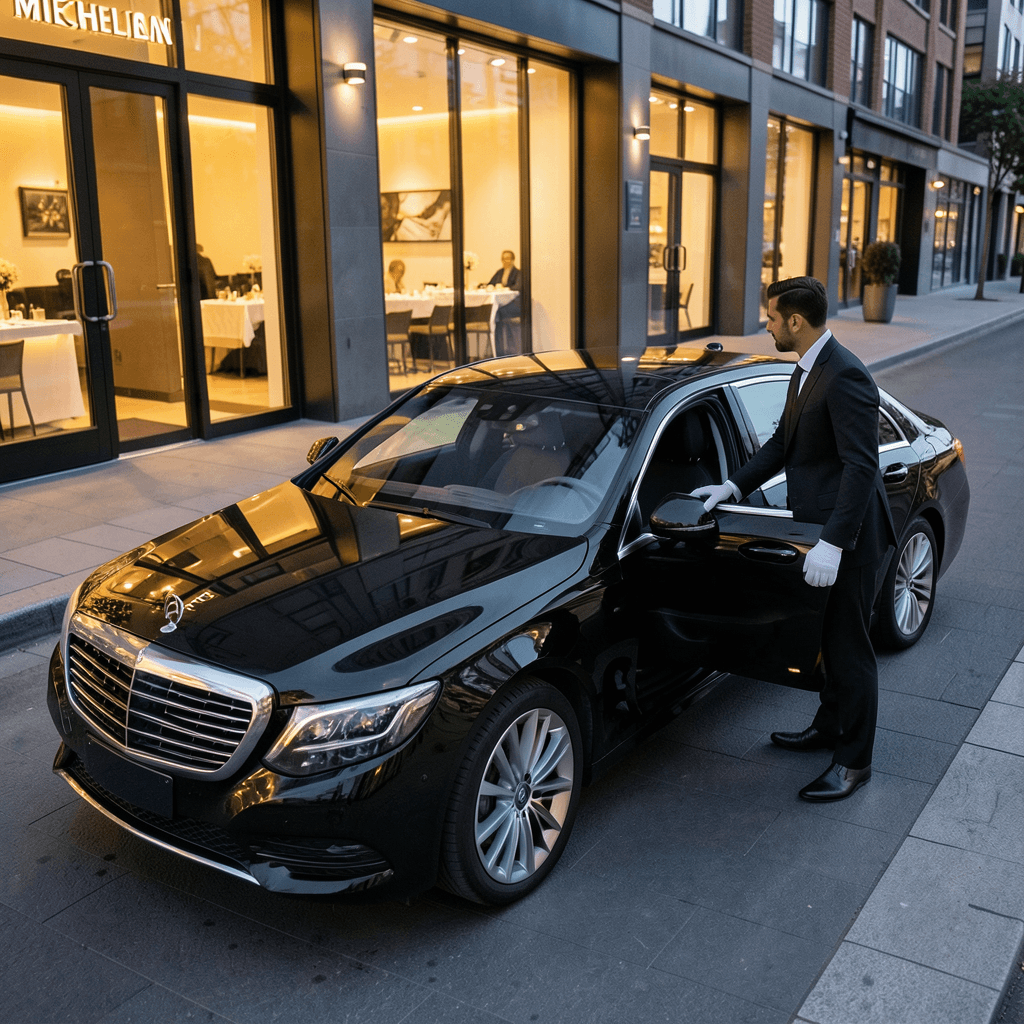 A professional high-angle photograph of a sleek, polished black luxury sedan parked in front of a modern Michelin-star restaurant at dusk. Soft golden ambient lighting from the restaurant windows reflects on the car’s paint. A professional chauffeur in a sharp black suit and white gloves is standing by the open rear door, waiting for guests. The atmosphere is sophisticated and exclusive, with a clean urban background and warm evening tones. Vehículo de lujo estacionado frente a un restaurante, representando el transporte premium para eventos gastronómicos.