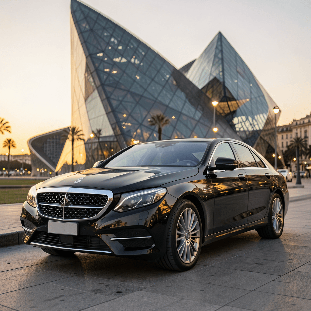 A professional photograph of a sleek black luxury sedan parked in front of a modern Barcelona architectural landmark. Soft golden hour lighting, low angle shot, reflecting the city lights on the polished car body, cinematic and elegant atmosphere. Coche de gama alta para transporte VIP para eventos de lujo en Barcelona