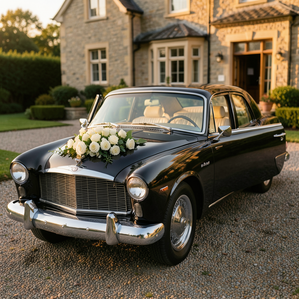 A gleaming classic luxury car decorated with a delicate arrangement of white roses on the hood, parked on a gravel driveway in front of an elegant stone estate at golden hour, its polished chrome catching warm sunset light, open door revealing a cream leather interior, soft shadows, shallow depth of field, professional wedding photography, serene and romantic mood Cómo organizar la movilidad perfecta para una boda de lujo con un coche decorado con flores frente a la finca